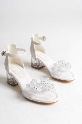 حذاء بناتي بكعب شفاف وكعب مرصع بالأحجار والشريط