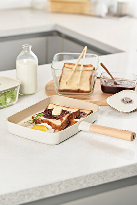 مقلاة فيكا مستطيلة 29 سم بغطاء زجاجي، بيج