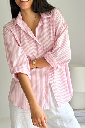 Pink Striped Women's Shirt Loose Fit Boyfriend Single Pocket Long Sleeve