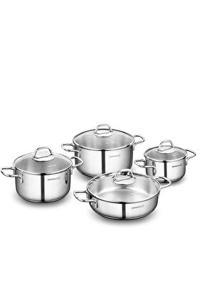 طقم أواني طهي بيرلا من الستانلس ستيل بغطاء زجاجي، مكون من 8 قطع / A1606