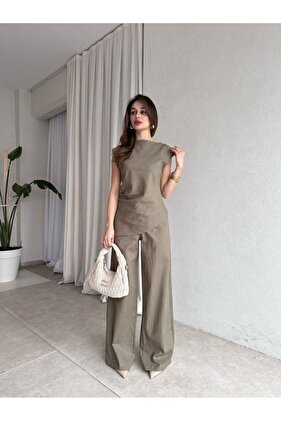 Khaki Asymmetrical Blouse Trousers Set - 7227