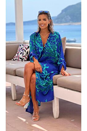 Blue Color Reef Patterned Viscose Shirt Dress