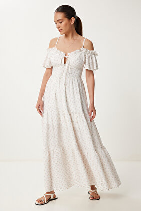 فستان فيسكوز صيفي طويل مكشكش ومزخرف بحزام ECRU DAMSON LUB0112