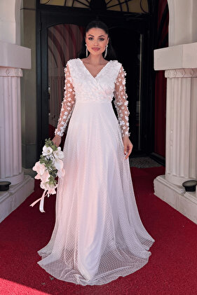 فستان زهري ثلاثي الأبعاد - أبيض