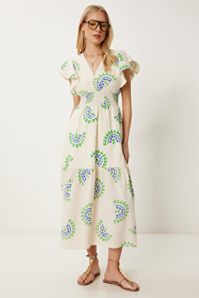 فستان كتان صيفي منقوش باللون الأزرق الكريمي للنساء ZH00050