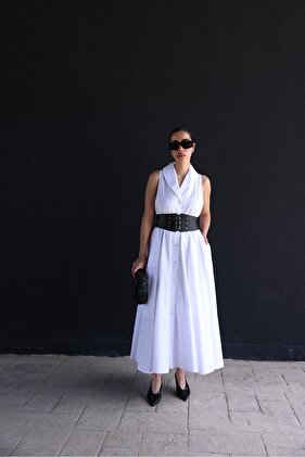 فستان متوسط ​​الطول بياقة وحزام