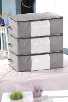 3'lü Set Büyük Boy 70x50x25cm Pencereli Çekyat&baza Altı,yorgan&yastık Düzenleyici Hurç Gri