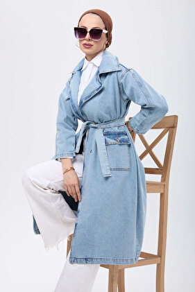 23624-ICE-BLUE-BLUE Belted Side Pockets Denim Trench Coat
