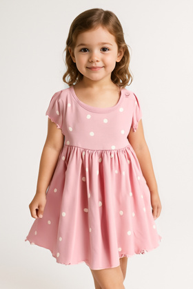 فستان بناتي مصنوع من القطن بنسبة 100% مع زر للإغلاق - وردي