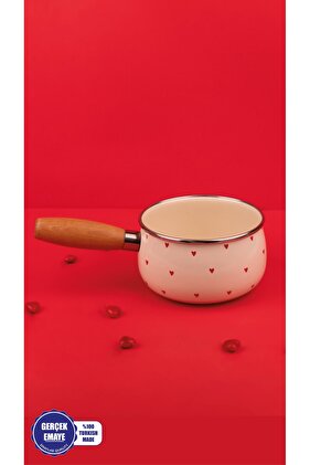 Cupid Ahşap Saplı Kalp Desenli Emaye Sos Tavası 16cm 1,3 Litre (İNDÜKSİYON DAHİL TÜM OCAKLARA UYGUN)