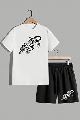 طقم تي شيرت وشورت للأولاد والبنات مطبوع عليه جاكوار باللونين الأبيض والأسود