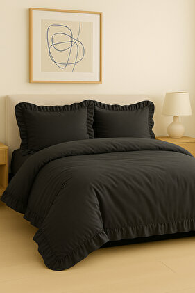 Siyah fırfırlı pamuklu  çift kişilik lüks nevresim takımı