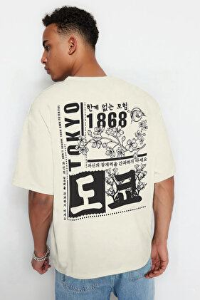 تي شيرت كبير الحجم بنمط الشرق الأقصى - كم قصير، 100% جوهرة، TMNSS23TS00170