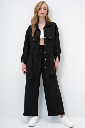 Damska czarna kurtka Safari z podwójną kieszenią i spodnie aerobinowe z szerokimi nogawkami i elastycznym pasem YMX8448