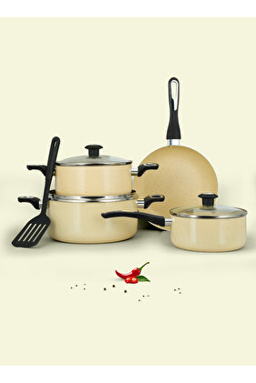 8-Piece Granite Nonstick Cookware Set – Ivory | 3 Casseroles,1 Frypan & 1Turner (NCB 7108BG)