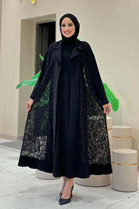 Collared Lace Guipure Detail Abaya 7830 Black