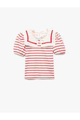 Kısa Balon Kollu Pamuklu Fiyonk Detaylı Bebe Yaka Çizgili Tişört