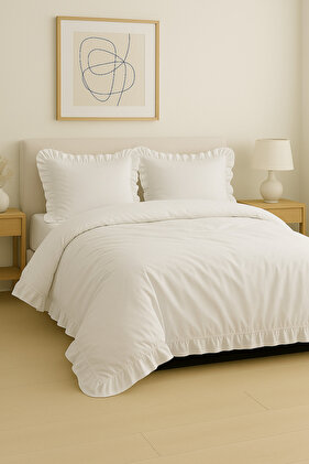 Beyaz fırfırlı %100 pamuk çift kişilik nevresim takımı