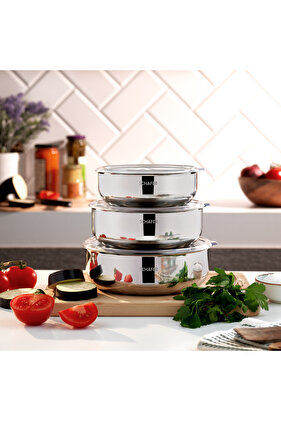 Practi 3 lü Çelik Saklama Kabı (16/18/20 Cm) 6 Parça-Inox