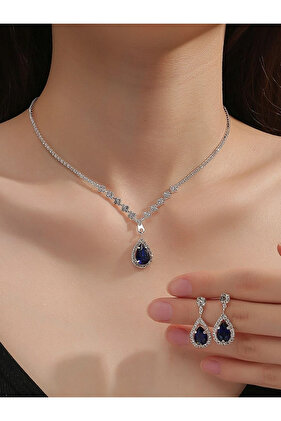 ZT4055-Blue Women's fashion light luxury rhinestone water droplet necklace, earring set, simple and