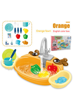 منزل لعب للأطفال باللون البرتقالي الفاتح، مطبخ محاكاة، حوض غسيل الأطباق، حوض غسيل يدوي، مياه كهربائية دائرية