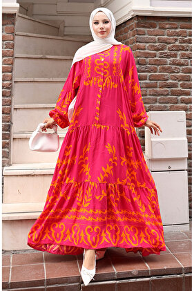 Viscose Fabric Half Button Dress 2081-02 Fuchsia Orange