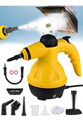 مجموعة منظف بخاري محمول باليد بقوة 1000 واط، مع 9 ملحقات، درجة حرارة عالية، لون أصفر