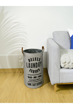 سلة غسيل فاخرة مفتوحة من الأعلى ومزينة بطباعة خدمة الغسيل مع مقبض