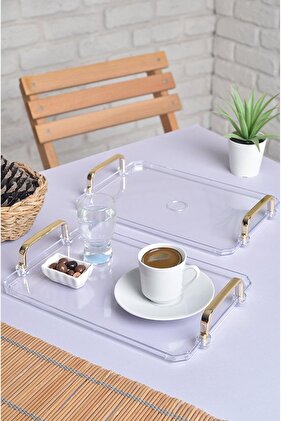 Gold Kulplu Türk Kahvesi Sunum Tepsisi | 2'li Şık Set 25x17cm