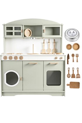 مجموعة مطبخ ألعاب خشبية خضراء مكونة من 9 قطع مع إضاءة LED