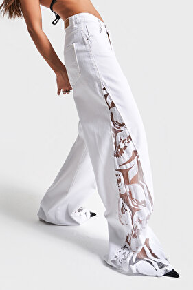 Жіночі білі джинси 5s5-2 Wide Leg Fit з тюлевими мереживними деталями, 100% бавовна, дизайн Denim Jean
