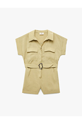 Kısa Kollu Gömlek Yaka Cepli Kemerli Modal Kısa Tulum