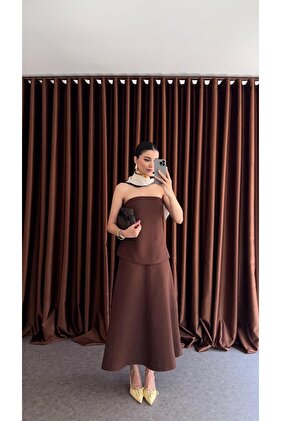 Two Piece Look Strapless Bitter Brown Dress