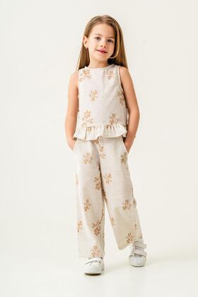 طقم بلوزة وبنطلون من الكتان والبوبلين منقوشة بالزهور من إكرو للفتيات