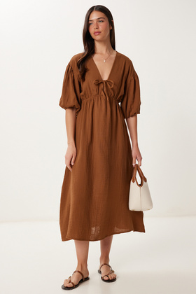 فستان موسلين شفاف خفيف بني Lkb0014