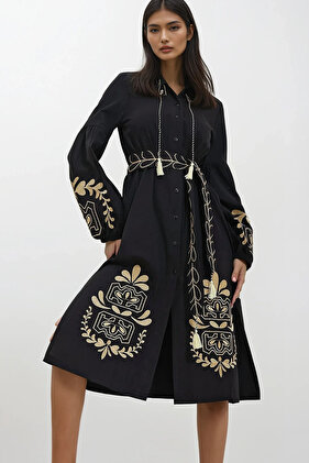 Women's Black Judge Collar Belted Double Slit Linen Dress Alc-X11570