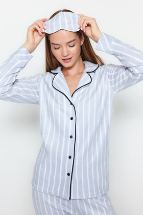 Blue Striped Piping Detailed Sleep Banded Fleece Winter Knitted Pajamas Set Thmaw22Pt0360