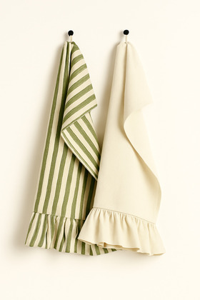 طقم منشفتين مكشكشتين من الكتان المخطط للمطبخ