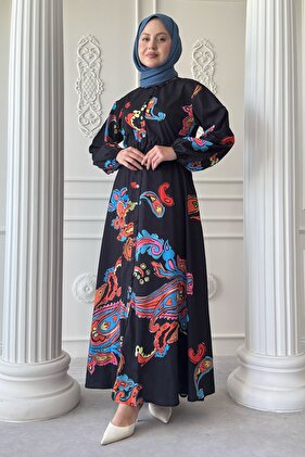 Abstract Transitional Gathered Black Shirt Dress