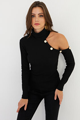 Damska czarna bluzka wędkarska z odkrytymi ramionami i odkrytym dekoltem Ey2947