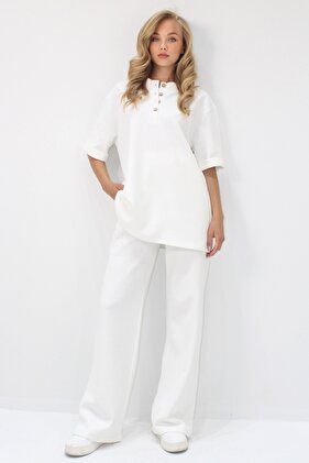 طقم نسائي من Ecru بأكمام مزدوجة وطية صدر السترة وأزرار سفلية مع بنطلون ALC-X11487