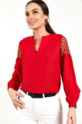 Kadın Kırmızı V YAKA KOLU TÜLLÜ BALONLU BLUZ ARM-20K001038