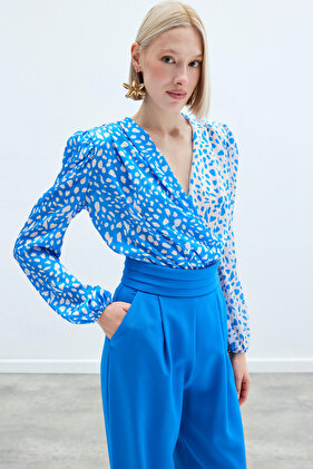 Double Breasted Patterned Bodysuit - ECRU-DARK BLUE