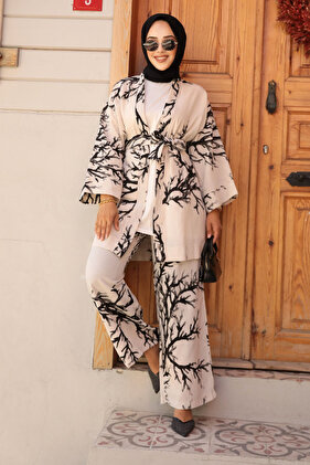 Black Hijab Double Kimono Set - Patterned 12121s