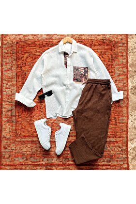 Oversize Pocket Embroidered Linen Shirt and Trousers Set