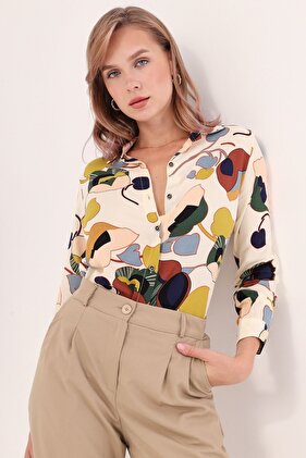 Women's Cream Patterned Long Sleeve Shirt ARM-22K001123