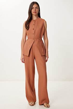 Ženski set od lanenog prsluka i pantalona sa detaljnim vezivanjem pločica NO00026