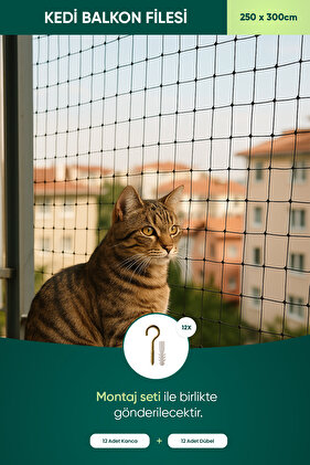 250*300cm - Balkon Filesi Ağı - Kedi Filesi - Kuş Filesi - Çocuk Filesi - Beyaz - Montaj Setli
