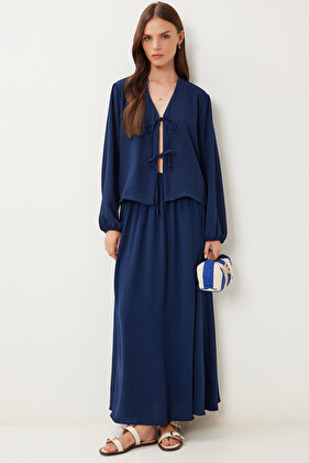 Damski granatowy komplet bluzka spódnica Ayrobin z krawatem DD01356