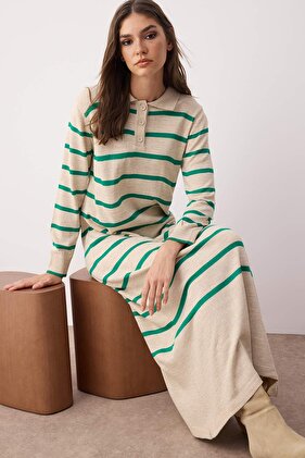 Beige Polo Button Collar Striped Knitwear Dress Tctaw22Eb0212